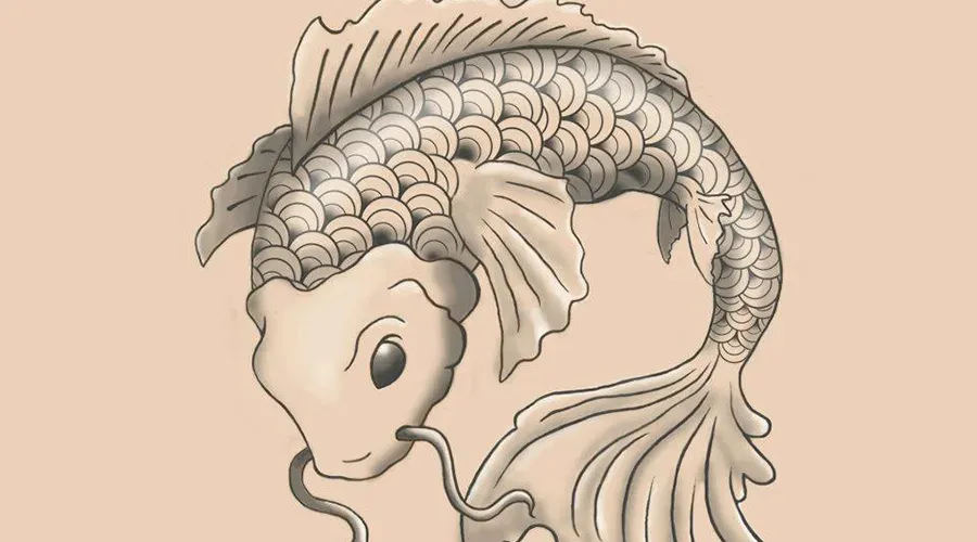 Line illustration of a koi fish