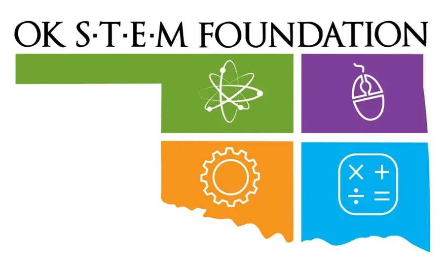 OK STEM Foundation logo built from the Oklahoma state outline and four subject icons