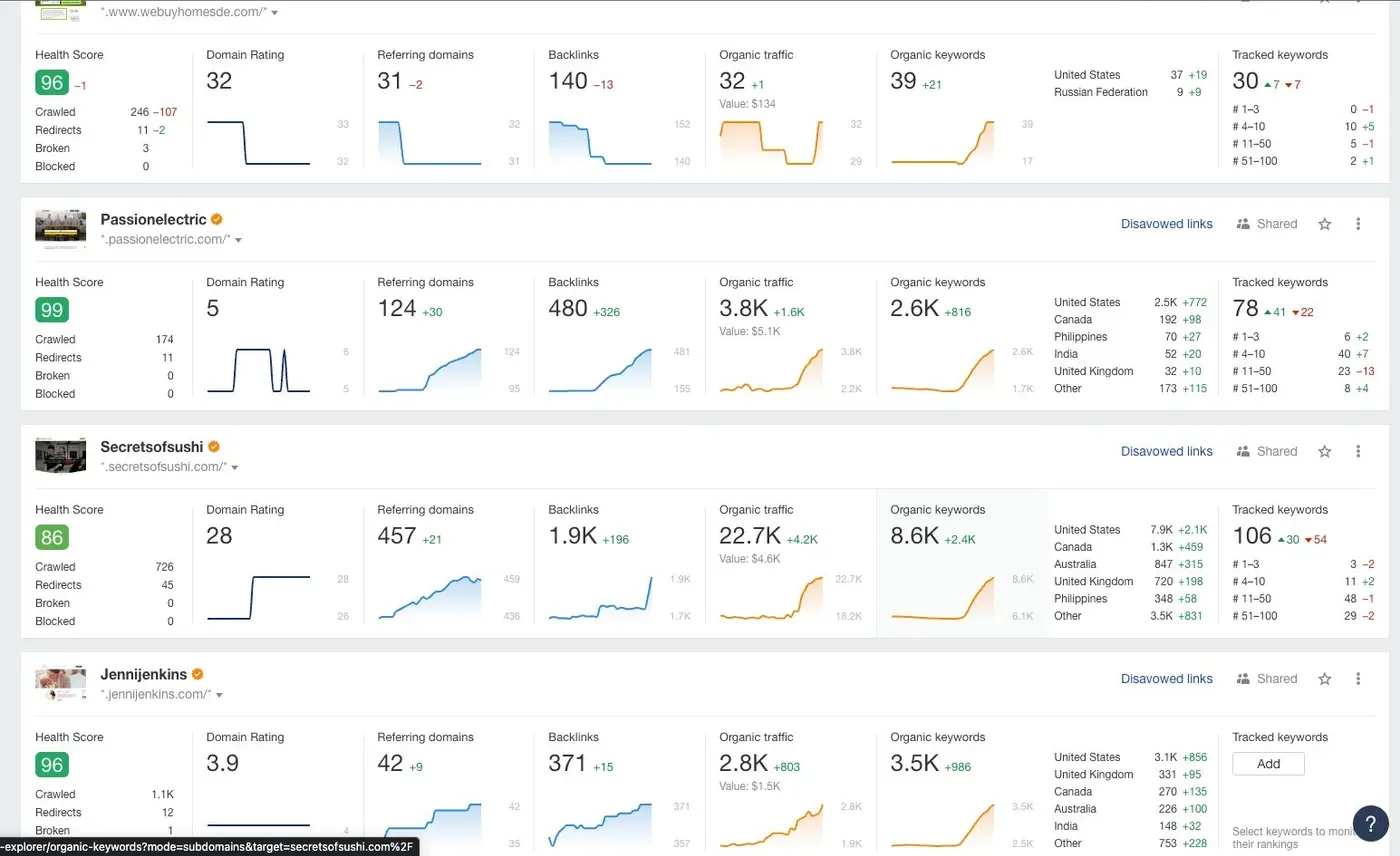 A monthly SEO reporting dashboard showing ranking, traffic, and conversion trends across several client sites